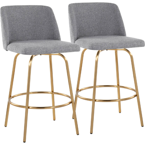 Toriano 26" Swivel Counter Stool in Grey Fabric & Gold w/ Round Footrest (Set of 2)